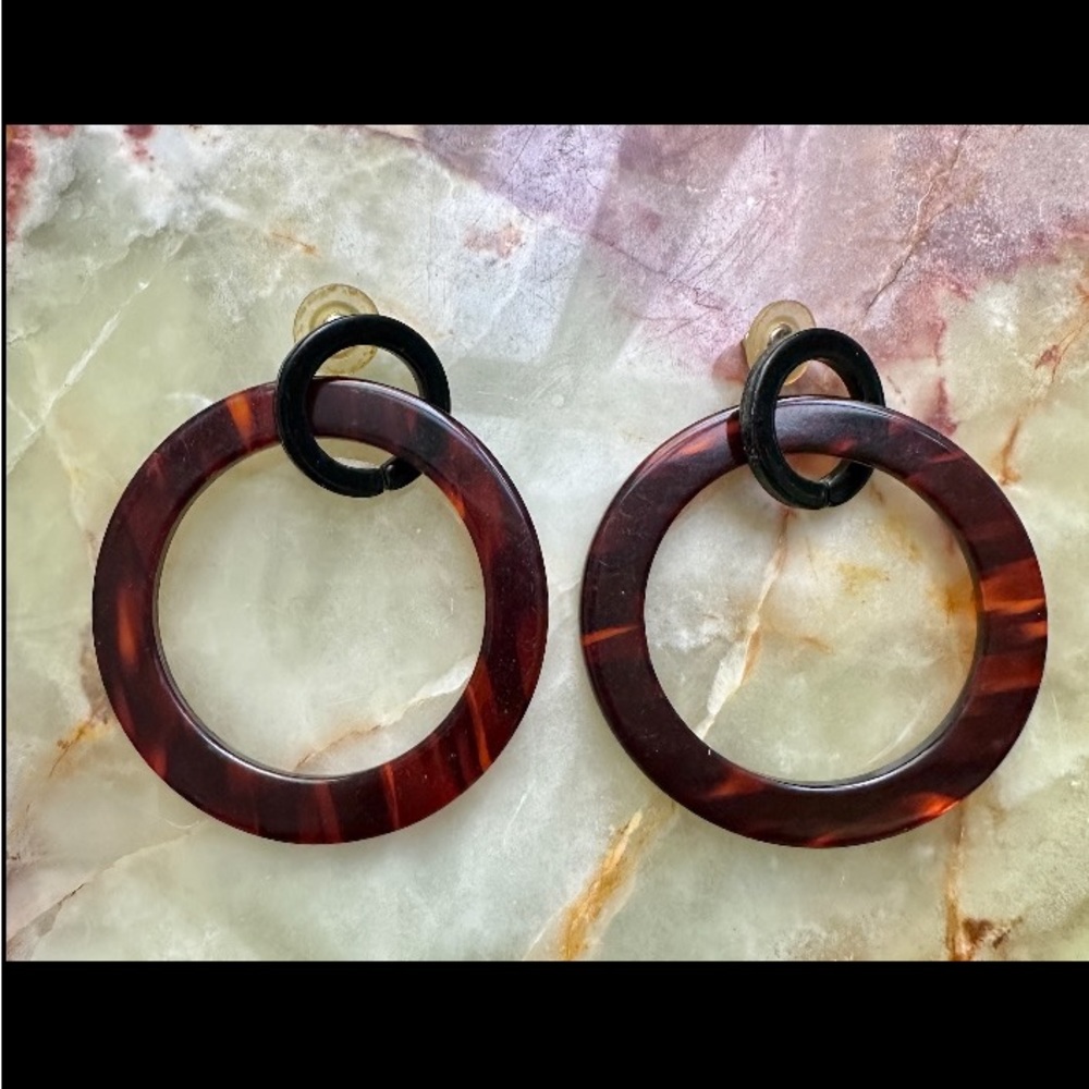 VINTAGE 1980s LARGE STATEMENT EARRINGS BROWN FAUX TORTOISE HOOPS BLACK PIERCED